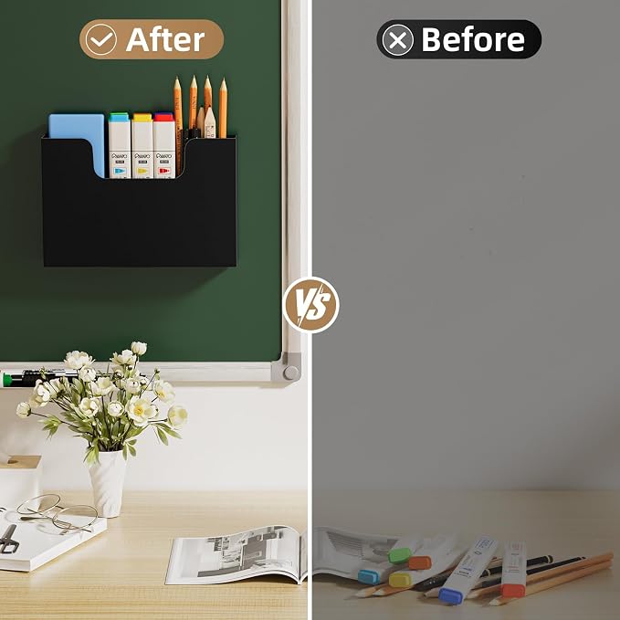 Marbrasse 2p Magnetic File Holder, Magnetic Hanging Wall File Organizer, Pocket Paper Magazine Mail Organizer for Refrigerator,Notebooks,Planners,Letter（Black）