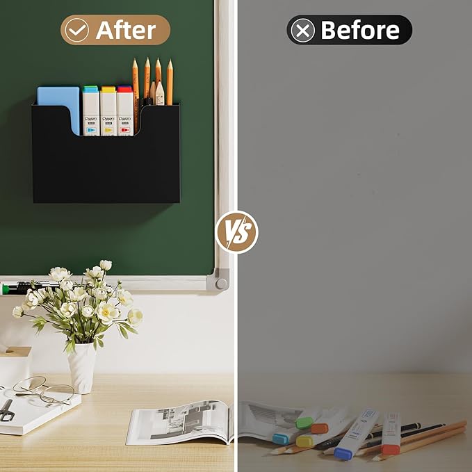 Marbrasse Magnetic File Holder, Magnetic Hanging Wall File Organizer, Pocket Paper Magazine Mail Organizer for Refrigerator,Notebooks,Planners,Letter (Black)