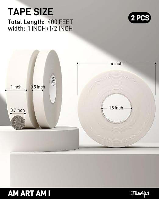 JusArt 2 Packs Artist Tape for Watercolor Paper, 1/2 inch and 1 inch Wide Total 400FT Long, White Art Tape for Masking, Drafting and Painting, Acid Free, Low Tack