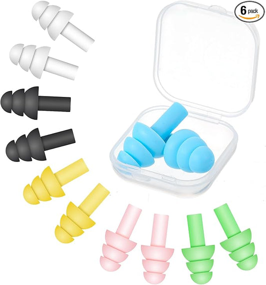 6 Pair Reusable Ear Plugs for Sleeping, Rubber Ears Plug for Big & Small Ear Canals Soft Noise Cancelling Earplugs for Travel Sleeping, Comfortable Fit, Multi-Color Generally Suitable for Most People