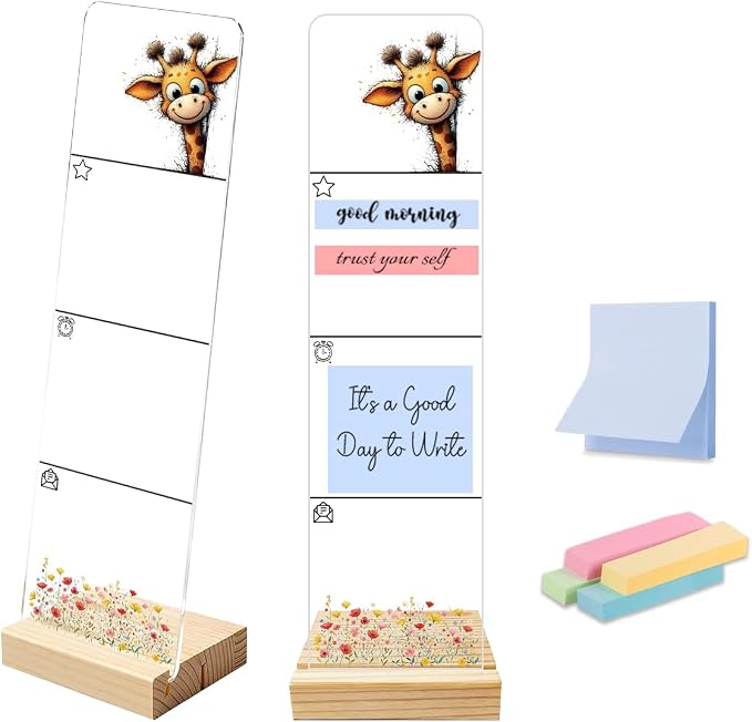 Sticky Note Holder, Monitor Memo Board, Acrylic Post It Note Holder with Wooden Base, Includes 200 Notes, Desk Organizer for Office, Cute Giraffe Design