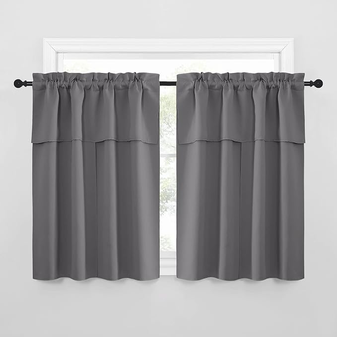 NICETOWN Short Curtains with Attached Valance for Small Window, Thermal Insulated Rod Pocket Room Darkening Curtains for Living Room, 52" Wide x 45" Long, 2 Panels, Grey