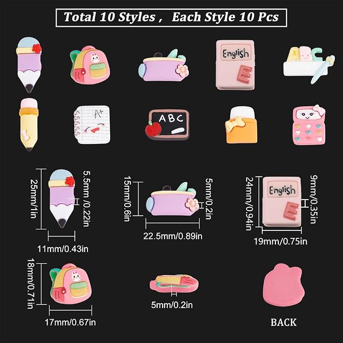 SUNNYCLUE 100Pcs 10 Styles School Cabochons Resin Charms Back to School Supplies Pencil Eraser Blackboard Ruler 3D Cabochons for Embellishments Flat Back Scrapbooking Hair Clips DIY Crafts for Adult