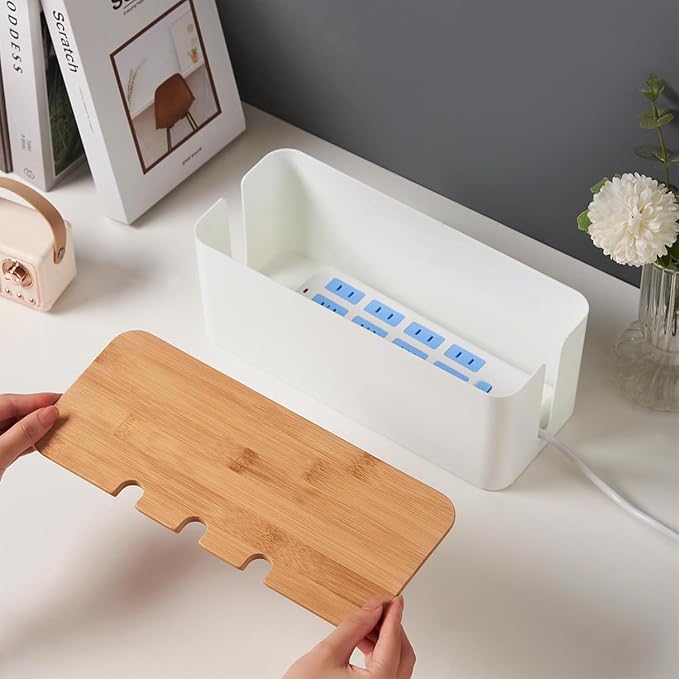Cable Management Box with Bamboo Lid, Cord Organizer Box to Hide Wires & Power Strips, Extension Cord Power Stripe Surge Protector Wire Concealer Organizer Cover Hider (white-2pcs)
