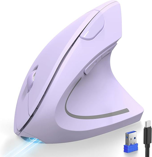 TECKNET Ergonomic Mouse Wireless, Rechargeable Vertical Mice Right Hand | Bluetooth+2.4GHz USB, Multi Device, 4800 DPI Adjustable, Optical Carpal Tunnel Mouse for Laptop, PC, MacBook, Light Purple