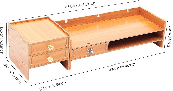 Computer Monitor Stand, Wooden Monitor Riser with Lockable Drawer and Storage, Multi Wooden Desktop Storage Stand for Laptop Printer Screen and Office Supplies Organizer, 25.2" x 7.87" x 5.33" (3 Drawer)