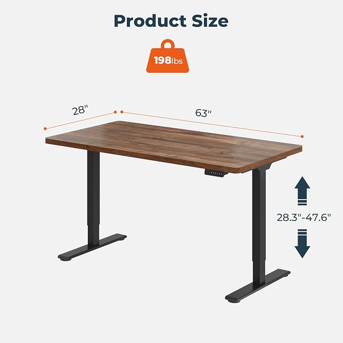 Dual Motor Standing Desk, Large Stand Up Desks, 63x28 Inches Electric Sit Stand Desks, 4 Memory Preset Adjustable Height Computer Table for Home Office with Splice Board (Brown)