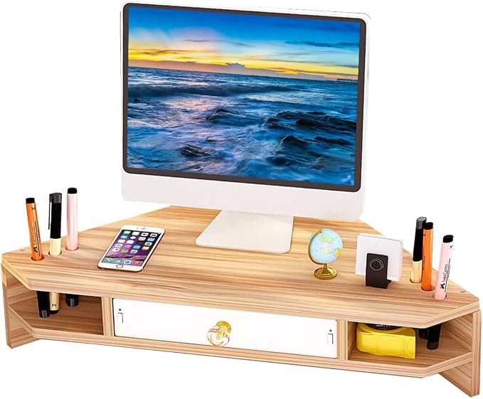 Triangle Monitor Riser,Cut Triangular Computer Monitor Desktop Corner Stand,Desktop Corner Shelf With Drawers Wooden Computer Stand With Storage Laptop Risers Office Organization.