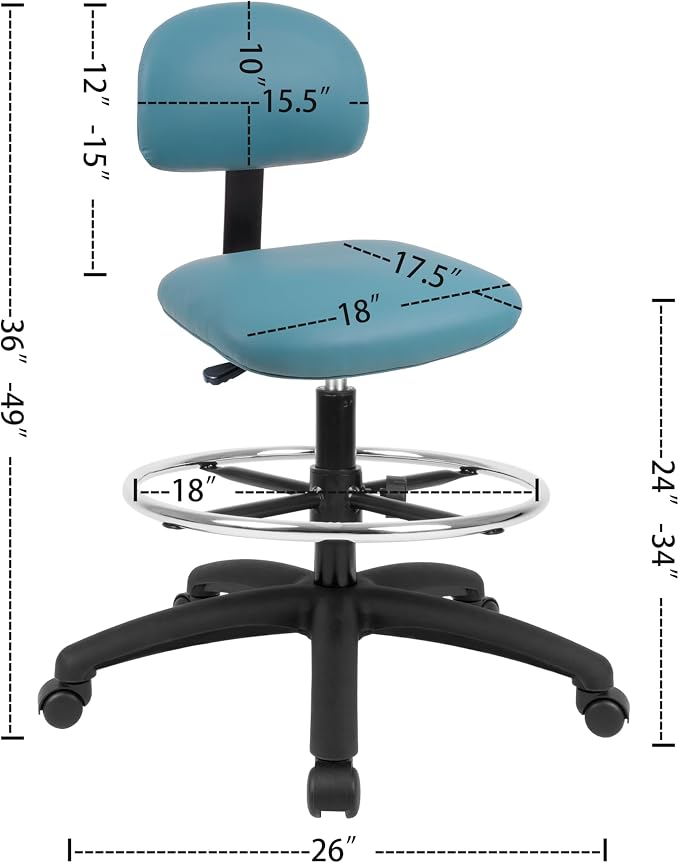 FSS Series Square seat Tall (24"-34") seat Height Chair. Vinyl-for Office, Garage, Desk, Shop, Computer, Doctor, Medical, Easy to Clean! 18" Footring ((Aqua, Tall, _Standard Casters)