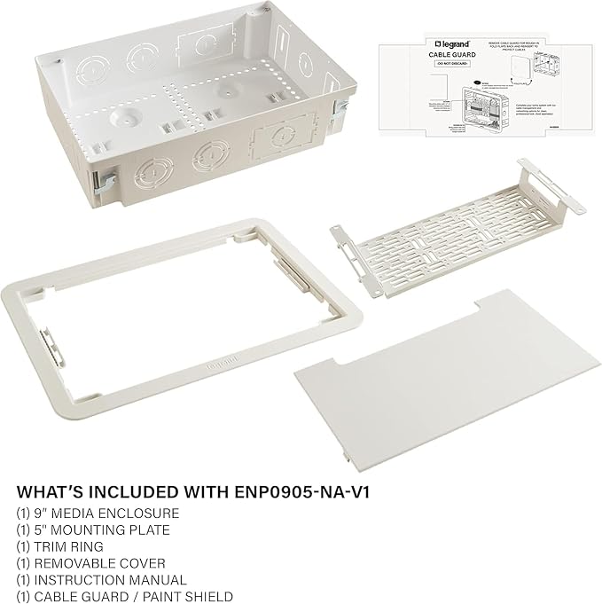 Legrand - OnQ 9" In-Wall Media Box For Device & Cable Management - Structured Wiring Enclosure With Customizable Knockouts - Includes Removable Mounting Plate For Maximum Capacity - White, ENP0905NAV1