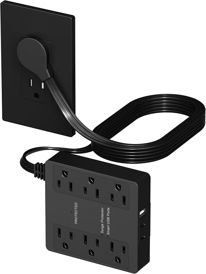 LIDER Outlet Extender with 6 Receptacles, USB-A & 2 USB-C, Angled Ultra-Thin Flat-Plug, 6-Outlet Power Strip, Surge Protector 1500 Joules, 5ft Cord, 1250W, ETL Listed, Matte Black