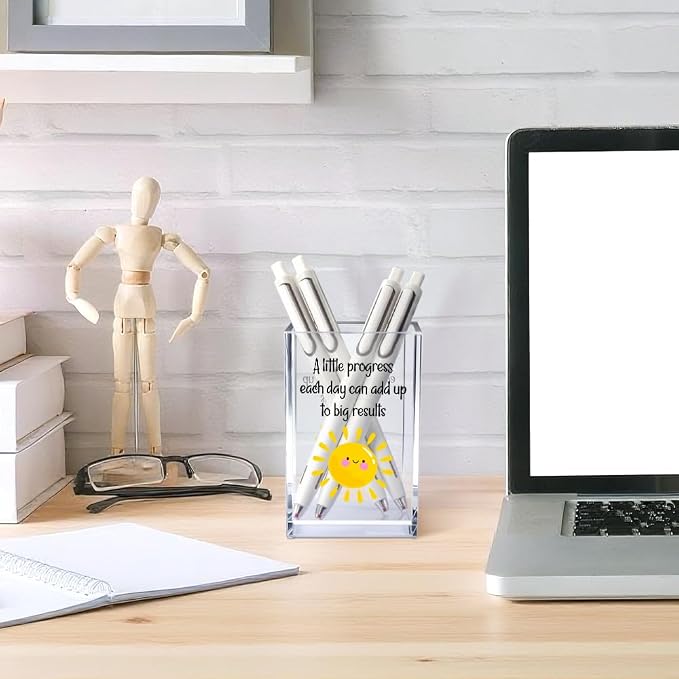 A Little Progress Each Day Can Add Up To Big Results Acrylic Cosmetic Pencil Pen Holder Cup, Inspirational Sun Desk Organizer for Classroom Office, Motivational Gifts for Women Girl Therapist