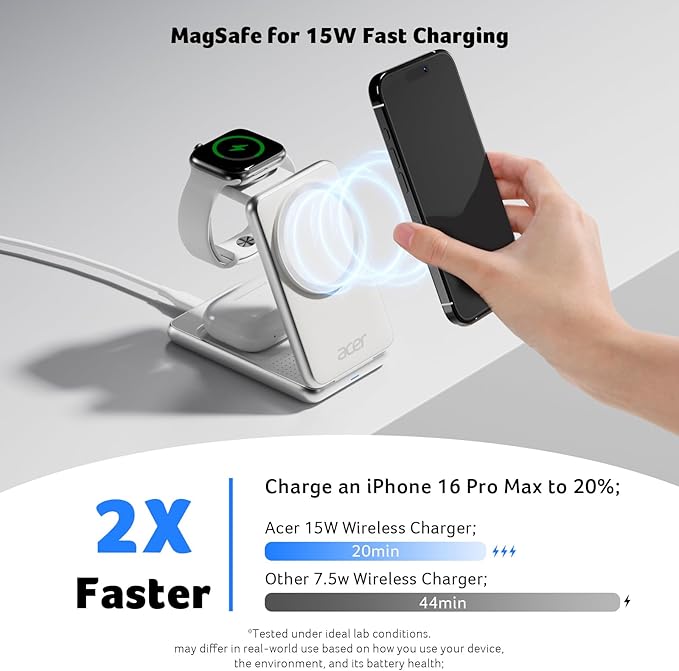 Acer 3 in 1 Charging Station for iPhone, Wireless Charger Stand,15W Fast MagSafe Charger for iPhone 17 16 15 14 13 12 Series-Apple Watch 10 9 8 7 6 5 4 3 2 SE and Ultra Series-Airpods 4 3 2 Pro Series