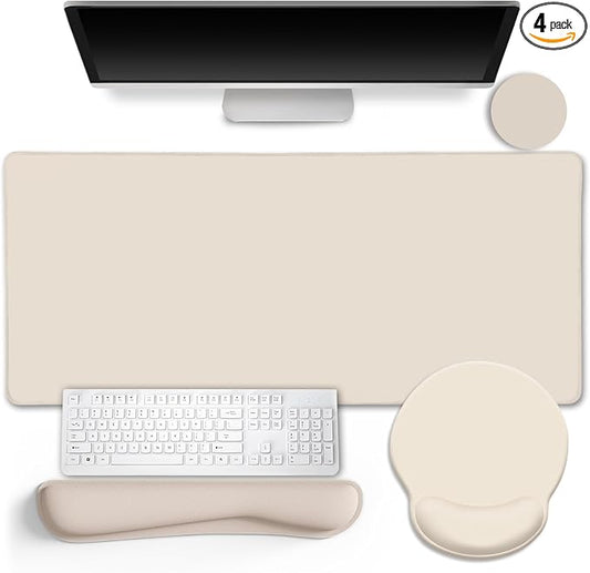 LIMKRIAN Beige Mouse Pad Set, Complete XXL Desk Mat with Ergonomic Keyboard Support & Coaster, Featuring Mouse Pad with Gel Wrist Rest for Pain Relief, Comfortable Home Office Gaming Accessories Gift