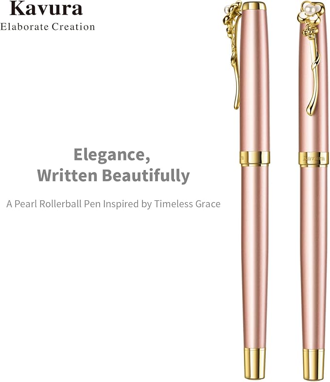 Four-Leaf Clover & Pearl Rollerball Pen – Elegant Brass Pen Gift Set for Women, Jewelry-Inspired Design, Glossy Finish, German Refill, Good Luck Gift for Her, New Job & Graduation (Rose Gold)