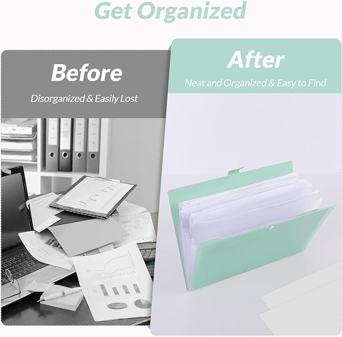 SKYDUE Accordion File Organizer, Expanding File Folder with 8 Pockets, Expandable Document Paper Receipt Organizer, Letter/A4 Size Filing Folder School Office Supplies Turquoise Green