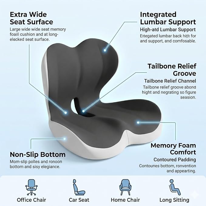 MOYEE Wide Memory Foam Seat Cushion with Lumbar Support for Office Chair & Car Seat, Ergonomic Design for Long Sitting, Gradual Relief & Lasting Support for Back, Tailbone & Sciatica Pain