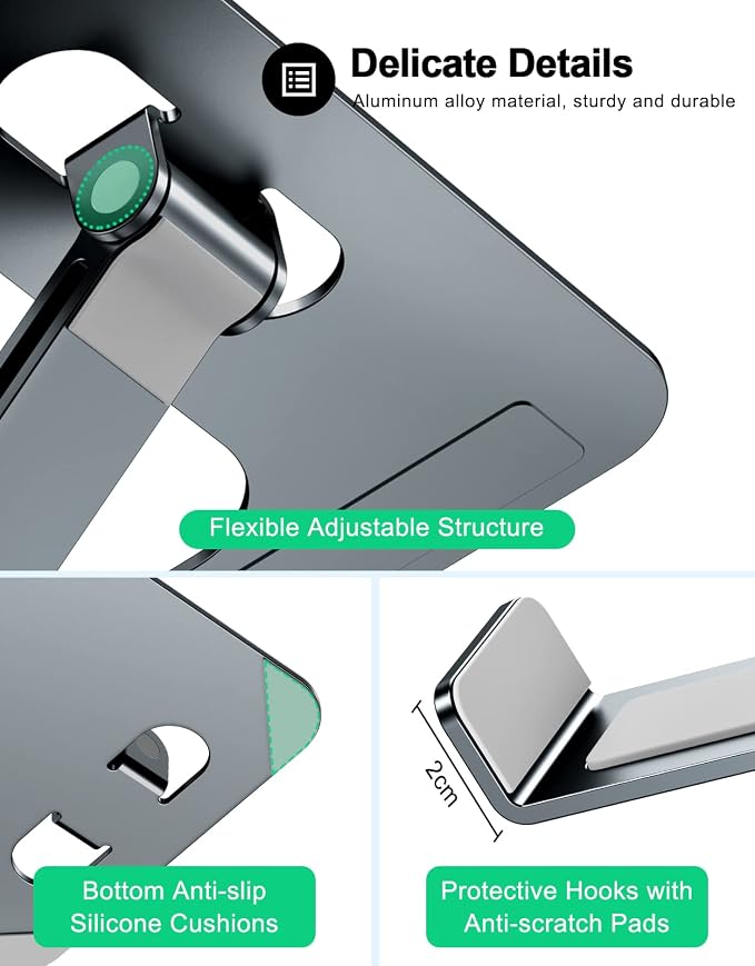 RIWUCT Foldable Aluminum Alloy Laptop Stand for Desk, Height Adjustable Ergonomic Computer Stand, Portable Laptop Riser Holder Printer Stand Compatible with MacBook Pro Air/HP/Dell 10-16", Gray