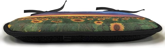 Lunarable Sunflower Chair Cushion Pads Set of 4, Field of Sunflowers Sunset Dramatic Sky Clouds Scenic Picture, Anti-Slip Seat Padding for Kitchen & Patio, 16"x16", Fern Green Sky Blue