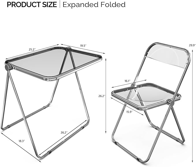 VINGLI Folding Acrylic Table and Chair Set Small TV Tray for Snack Dinner on Couch, Tiny Foldable Desk Writing Desk for Home Office for Small Spaces (Grey)