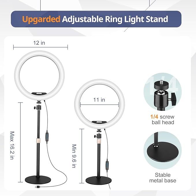 Sensyne 12” Desk Ring Light with Stand & Phone Holder for Computer, LED Selfie Ring Light for Phone Photography, Webcam Light for Laptop/Video Conference Lighting/Makeup/Live Streaming, Black