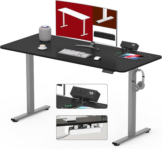 SANODESK Electric Standing Desk with Desk Clamp Power Strip 48"x 30" Whole-Piece Desktop Height Adjustable Stand Up Desk with Cable Management Sit Stand Home Office Desk Silver Frame/Black Top