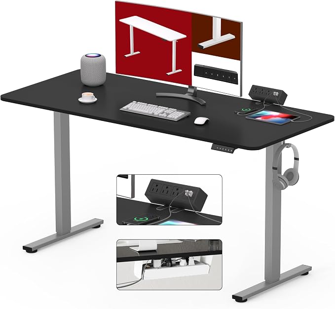 SANODESK Electric Standing Desk with Desk Clamp Power Strip 40"x 24" Whole-Piece Desktop Height Adjustable Stand Up Desk with Cable Management Sit Stand Home Office Desk Silver Frame/Black Top