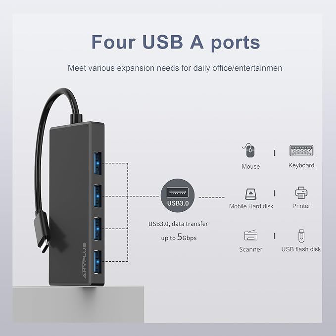 USB C Hub, 4 Ports USB 3.0 Hub Splitter with 5Gbps Data Transfer, USB C Splitter for Type C MacBook, Mac Pro, iMac, Surface, XPS, Flash Drive, Mobile HDD