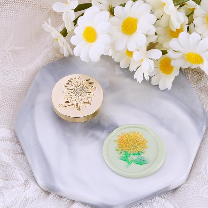 Wax Seal Stamp Set, 6 pcs Brass Head Wax Stamp & 1 Wooden Handle, 6 Botanical Designs (Rosemary, Sunflower, Ginkgo Leaf, Wreath, Leaves, Eucalyptus)