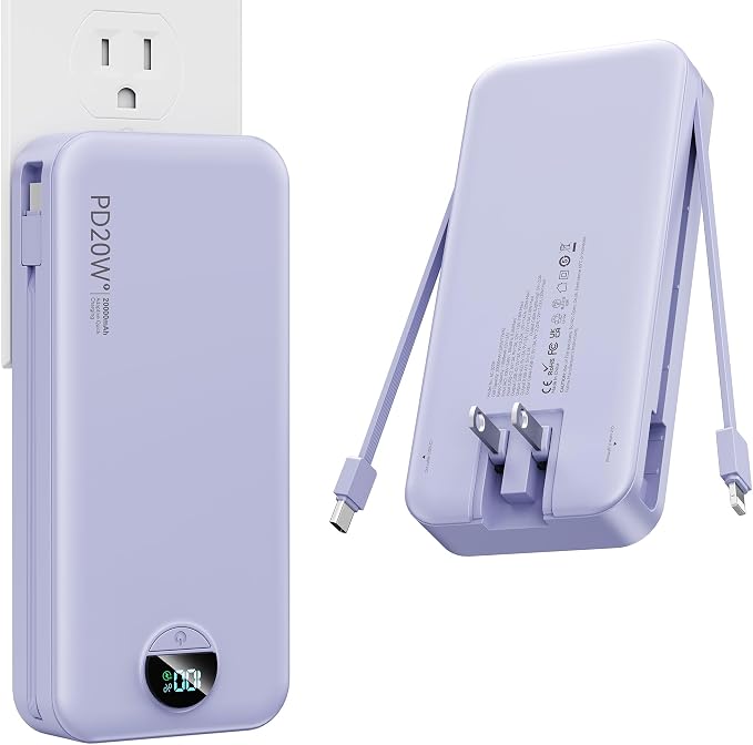 Nusyddy Portable Charger 20000mAh PD20W w/Built-in Cables & Wall Plug Purp. | PD20W Fast Charging, High Capacity, LED Display, Charge 5 Devices at once, TSA Approved, Compatible with iPhone/iPad/Samsung