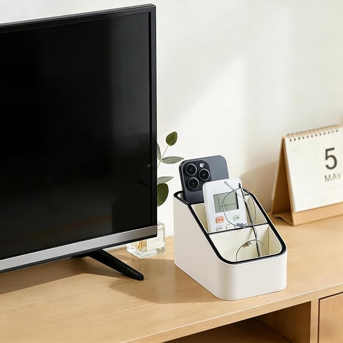 PU Leather Remote Control Holder, Small Desk Organizer Office Supply Bedside Caddy for Nightstand End Table Couch, Pen Remote Organizer with 3 Compartments (Cream)