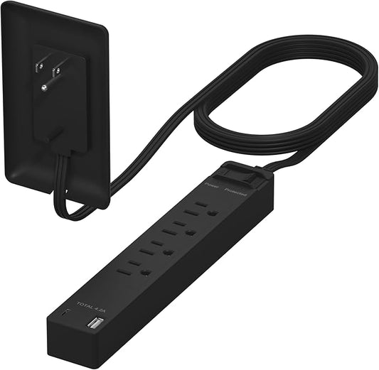 LIDER Surge Protected Outlet Extender, 4-Outlet Power Strip, 1 USB-A & 1 USB-C, Surge Protector 1500J, Ultra-Thin Wall Plate Plug with Cord Extender, 5ft Cord, 1625W, ETL Listed, Matte Black