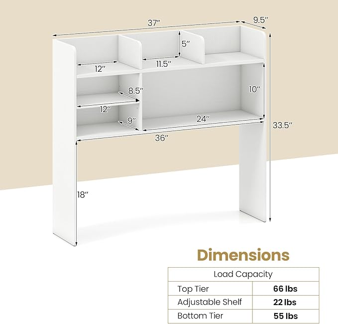 Tangkula Desktop Bookshelf for Computer Up to 32”, 37” Countertop Storage Hutch with 6 Storage Shelves, 3-Tier Desktop Organizer Display Rack, Wooden Desk Hutch for Dorm Home Office (White)