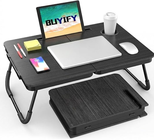 BUYIFY Foldable Laptop Bed Desk for Couch, Sofa - Large Lap Desk Tray Table with Cup Holder and Tablet Slot - Portable Notebook Stand for Eating, Writing, Studying and WFH -NEW-006