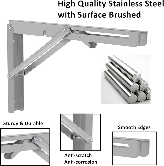 MySit 16" Folding Shelf Brackets 4 PCS, Max Load 550lb Heavy Duty Stainless Steel DIY Collapsible Wall Mounted L Shelf Bracket Space Saving for Table Work Bench