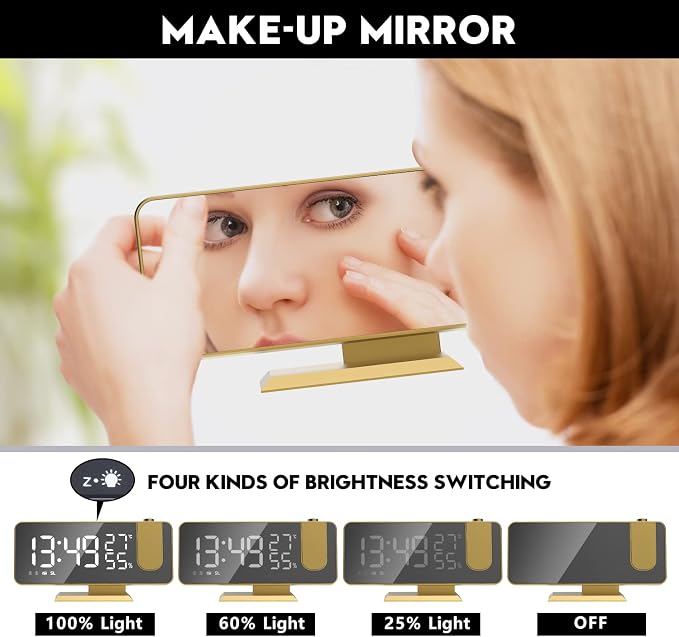 Projection Digital Alarm Clock for Bedrooms, Alarm Clock Radio on Ceiling | USB Charger Port, Temperature & Humidity Display, 7.3” Large Mirror LED Display,12/24H,Snooze,Dual Loud Clock- 4 Dimmer