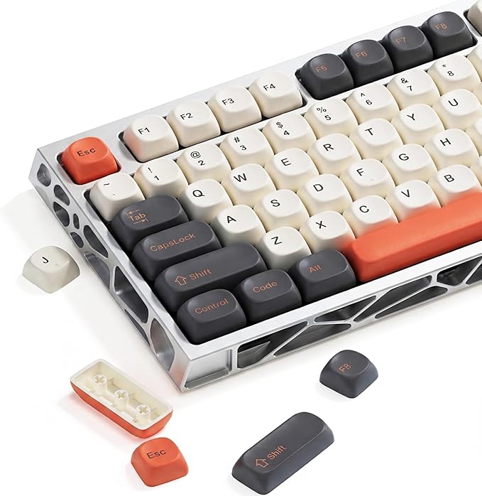 Keymatic 137 Double Shot PBT Keycaps Set MOA Custom Retro keycaps for 61/64/68/84/87/100/104/108 Retro Gaming Mechanical Keyboard Gray Orange(Only Keycap Set)