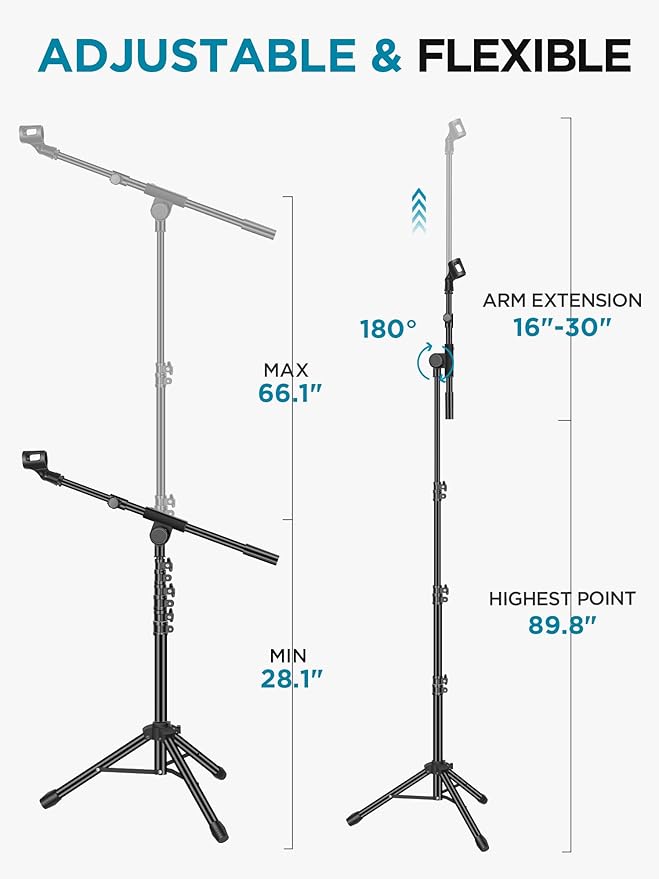 InnoGear Microphone Stand, 2 Pack Tripod Boom Arm Floor Mic Stand Height Adjustable with Carrying Bag 2 Mic Clips 3/8" to 5/8" Adapter for Singing Podcast for Blue Yeti Shure SM58 SM48 Samson Q2U