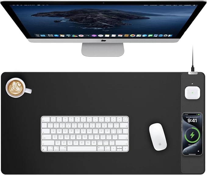 TopMade Mouse Pad with 15W Wireless Charging, Gaming Mousepad Home Office Large Desk Pad with Ultra-Smooth Surface, Non-Slip Base, Waterproof Keyboard Pad, Classic Black Desk Mat
