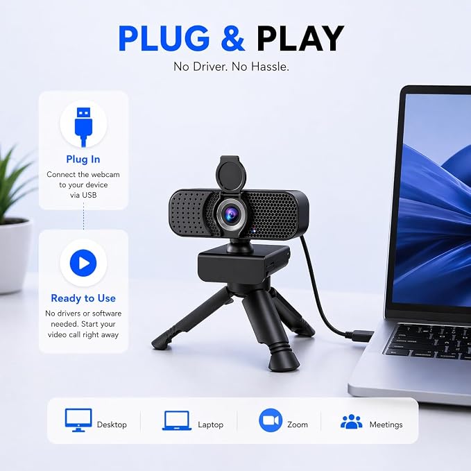 C26 1080P Webcam with Microphone, USB Computer Camera with Privacy Cover, Noise Reducing Mic, Auto Light Correction, 105° Wide Angle, Plug&Play for PC Mac Laptop Zoom Teams Streaming
