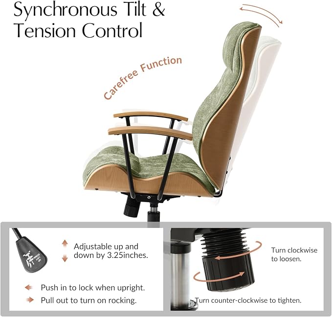 HULALA HOME Solid Wood Office Chair with High Backrest, Green | Mid Century Modern Bentwood Desk Chair with Tilt Function, Swivel Fabric Computer Task Chair, Height Adjustable, Metal Base