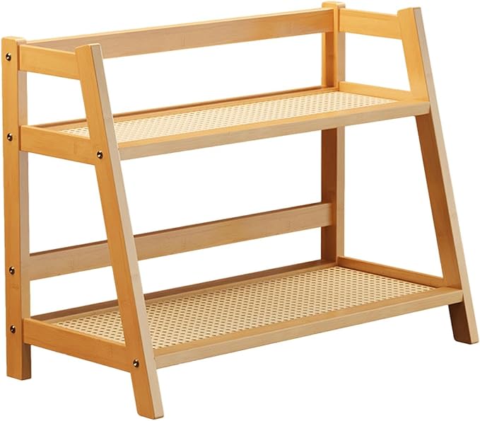 Double Layer Rack 2 Tier Bar Accessories Multipurpose Coffee Mug Display Stand Seasoning Storage Rack for Desk Office Bedroom, Bamboo Color L