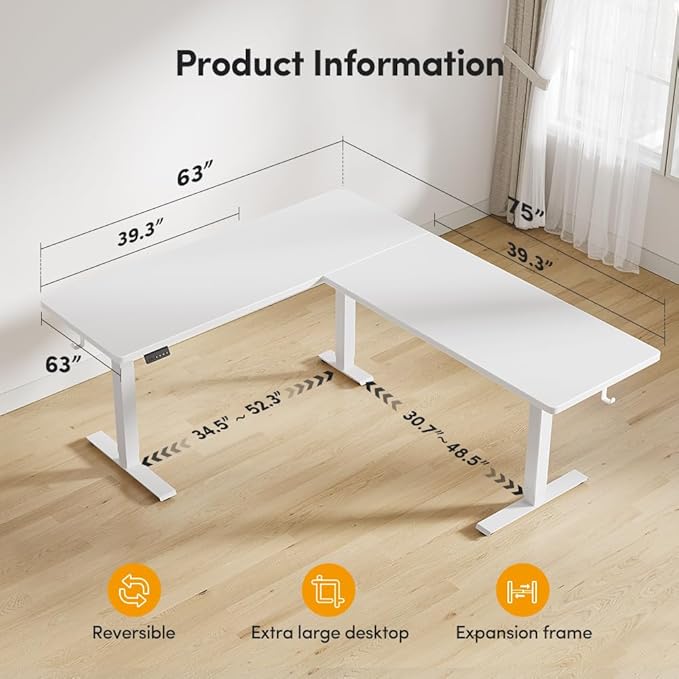 Cubiker 75 * 63" L Shaped Standing Desk, Reversible Corner Standing Desk, Suitable for Home Office, White