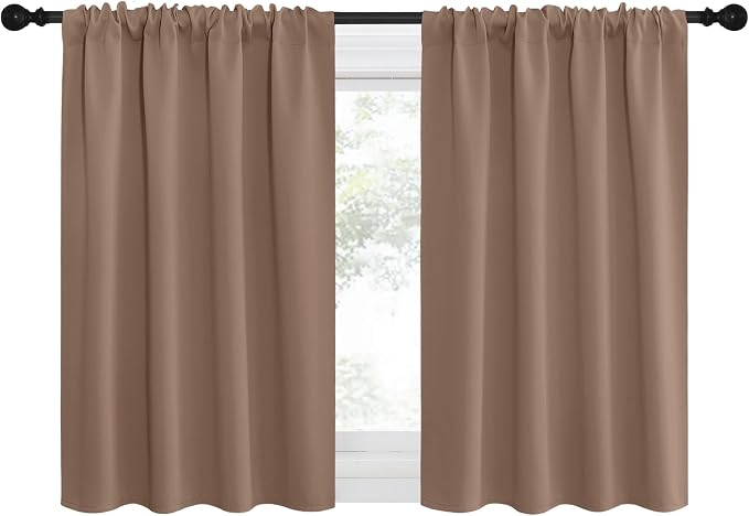 NICETOWN RV Blackout Curtains for Camper Windows, Window Treatment Thermal Insulated Rod Pocket Small Blackout Draperies/Drapes for Bedroom/Kitchen (Cappuccino, Set of 2, 34" Wide by 30" Long)