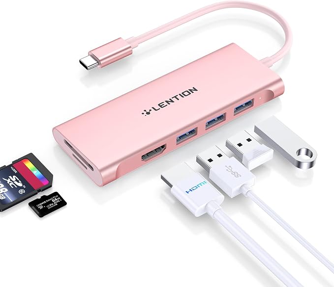 LENTION USB C Hub with 4K HDMI, 3 USB 3.0, SD/Micro SD 3.0 Card Reader, Compatible MacBook Pro/Air, Mac, Surface, Chromebook, iPhone17/16/15 Pro Max, More (Rose Gold)