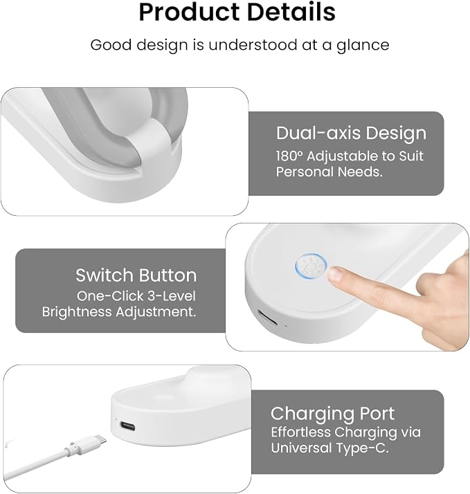 Rechargeable LED Desk Lamp, Foldable Portable Table Light with 3 Brightness Levels,Type-C USB Charging,Small Desk Lamp,Portable Bedside Wireless Reading Light,Home, Office, Nail Art,Craft,WHITE