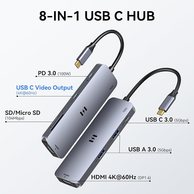 USB-C Hub HDMI Adapter for MacBook Pro/Air, 8-in-1 USB-C Video Hub with HDMI 4K@60Hz, SD/TF, USB-C Data Port, 100W PD, USB 3.0, USB-C Dongle Compatible with Dell XPS/Lenovo Thinkpad/HP/Surface/Yoga