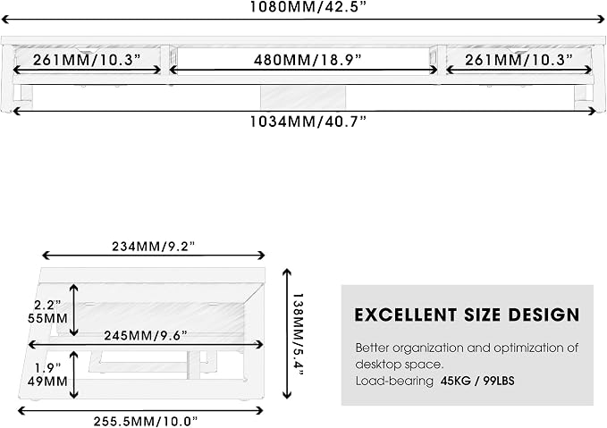 Fenge Dual Monitor Riser with Drwrs, Monitor Stand for Desk, 42.5 Inch Large Computer Monitor Stand for 2 27 Inches Monitors, 2 Tier Wooden Desk Shelf