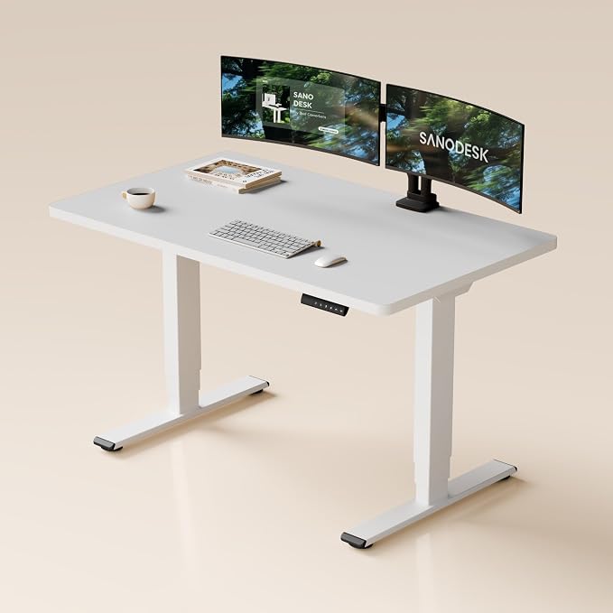 SANODESK Dual Motor Standing Desk 220lbs Height Adjustable Desk | 48"x30" Spacious One-Piece White Desktop & White Frame, 4 Memory Presets, 3-Stage Legs, 220lbs, 2-Box for Home & Office
