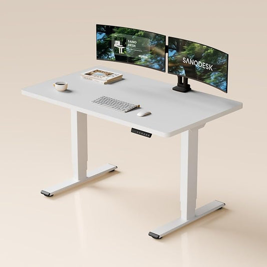 SANODESK Dual Motor Standing Desk 220lbs Height Adjustable Desk | 48"x30" Spacious One-Piece White Desktop & White Frame, 4 Memory Presets, 3-Stage Legs, 220lbs, 2-Box for Home & Office